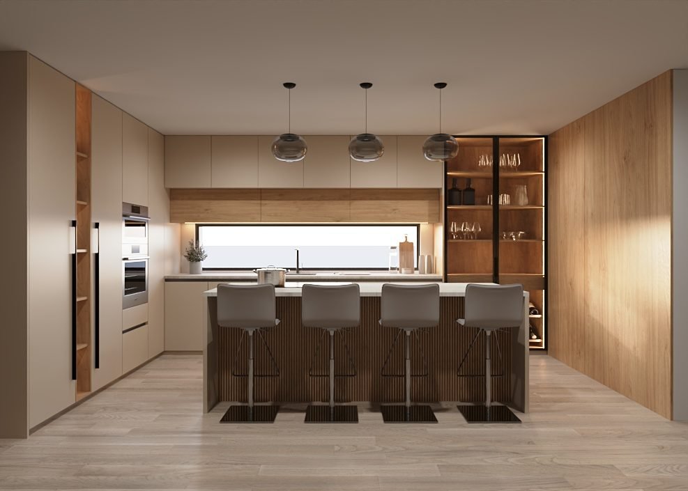Cozinha Creme com Painel em Madeira